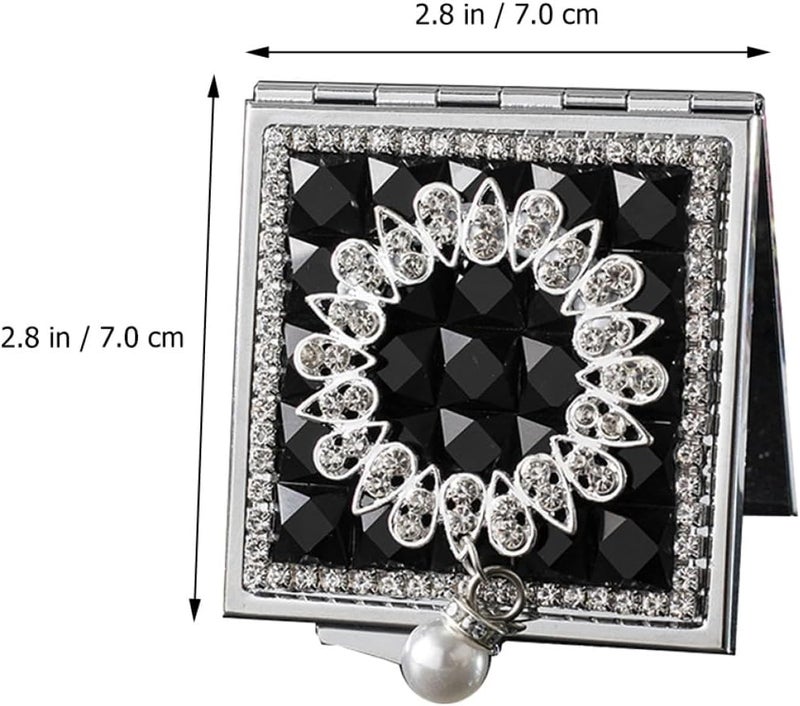 Uonlytech Double-Sided Portable Small Metal Makeup Mirror with Pearl Pendant Foldable Compact Cosmetic Mirror for Women Travel-Friendly Carry Vanity in Black - Image 2