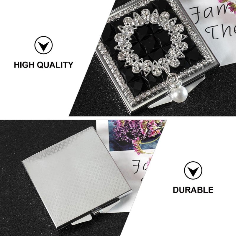 Uonlytech Double-Sided Portable Small Metal Makeup Mirror with Pearl Pendant Foldable Compact Cosmetic Mirror for Women Travel-Friendly Carry Vanity in Black - Image 3