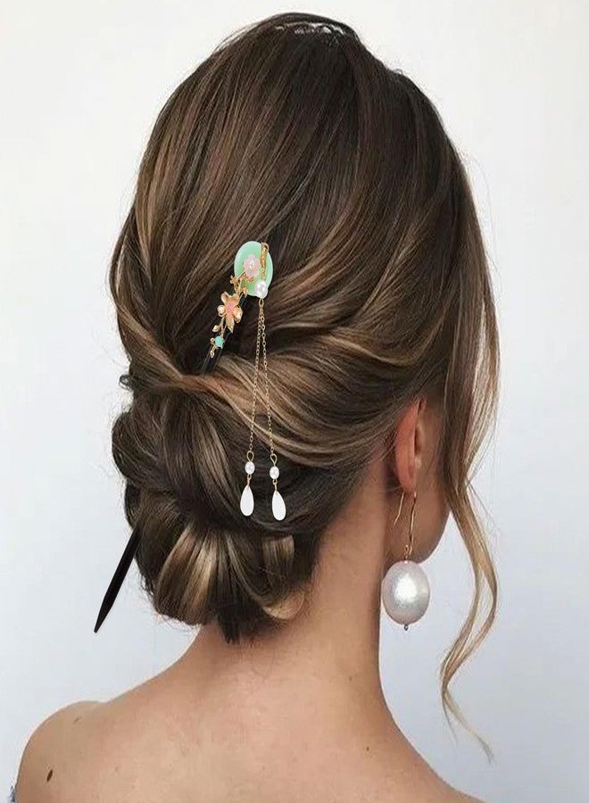 Nogeqi 2 Pcs Wooden Floral Hair Chopsticks Chinese Hair Sticks for Women Retro Wooden Hairpins Japanese Floral Hair Sticks Vintage Tassel Flower Hairpins Hair Accessories for Women Girls (Green) - Image 5