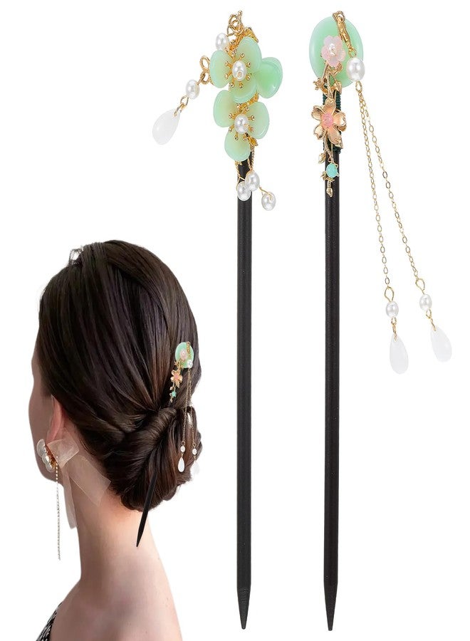 Nogeqi 2 Pcs Wooden Floral Hair Chopsticks Chinese Hair Sticks for Women Retro Wooden Hairpins Japanese Floral Hair Sticks Vintage Tassel Flower Hairpins Hair Accessories for Women Girls (Green) - Image 1