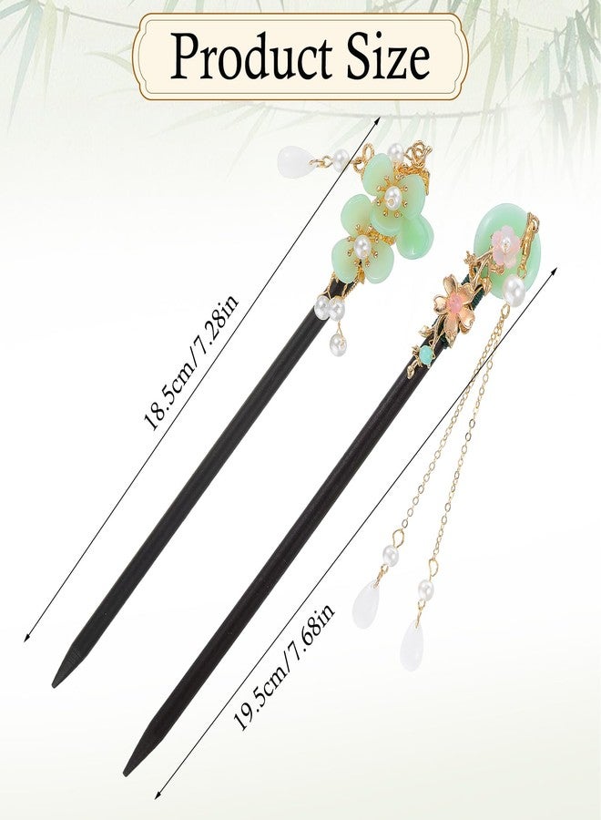 Nogeqi 2 Pcs Wooden Floral Hair Chopsticks Chinese Hair Sticks for Women Retro Wooden Hairpins Japanese Floral Hair Sticks Vintage Tassel Flower Hairpins Hair Accessories for Women Girls (Green) - Image 2