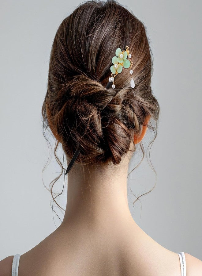 Nogeqi 2 Pcs Wooden Floral Hair Chopsticks Chinese Hair Sticks for Women Retro Wooden Hairpins Japanese Floral Hair Sticks Vintage Tassel Flower Hairpins Hair Accessories for Women Girls (Green) - Image 4