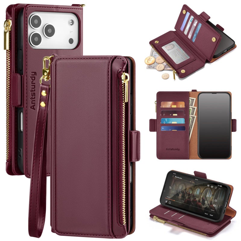 Antsturdy Compatible with iPhone 17 Pro Max Wallet Case Women,RFID Blocking PU Leather Phone Case Men Kickstand Flip Cover Wrist Strap Zipper Credit Card Holder Slots for Apple 17 Pro Max,Wine Red - Image 1