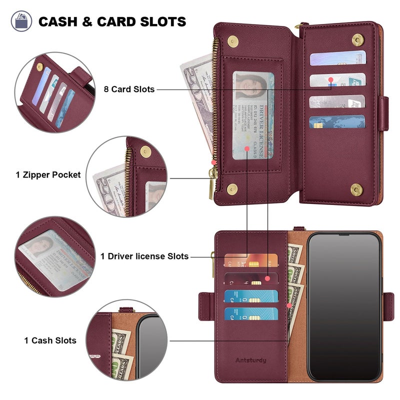 Antsturdy Compatible with iPhone 17 Pro Max Wallet Case Women,RFID Blocking PU Leather Phone Case Men Kickstand Flip Cover Wrist Strap Zipper Credit Card Holder Slots for Apple 17 Pro Max,Wine Red - Image 5