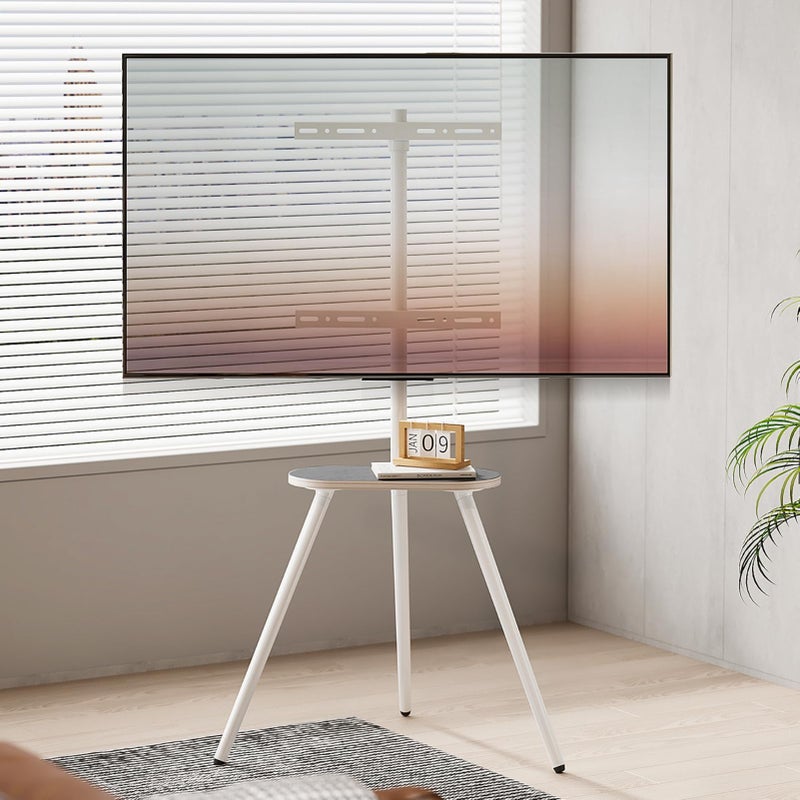 ECOTINY Tripod Easel TV Stand for 43 to 65 Inch LCD Led Screen, Height Adjustable and Swievel TV Stand, Portable TV Floor Stand with Wooden Tray for Bedroom, Living Room, Studio, Metal White. - Image 1