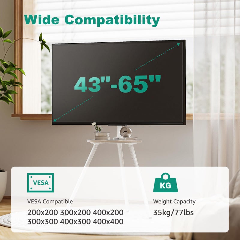 ECOTINY Tripod Easel TV Stand for 43 to 65 Inch LCD Led Screen, Height Adjustable and Swievel TV Stand, Portable TV Floor Stand with Wooden Tray for Bedroom, Living Room, Studio, Metal White. - Image 2