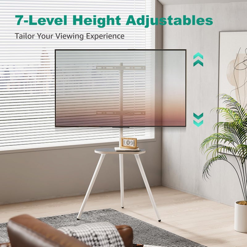 ECOTINY Tripod Easel TV Stand for 43 to 65 Inch LCD Led Screen, Height Adjustable and Swievel TV Stand, Portable TV Floor Stand with Wooden Tray for Bedroom, Living Room, Studio, Metal White. - Image 4