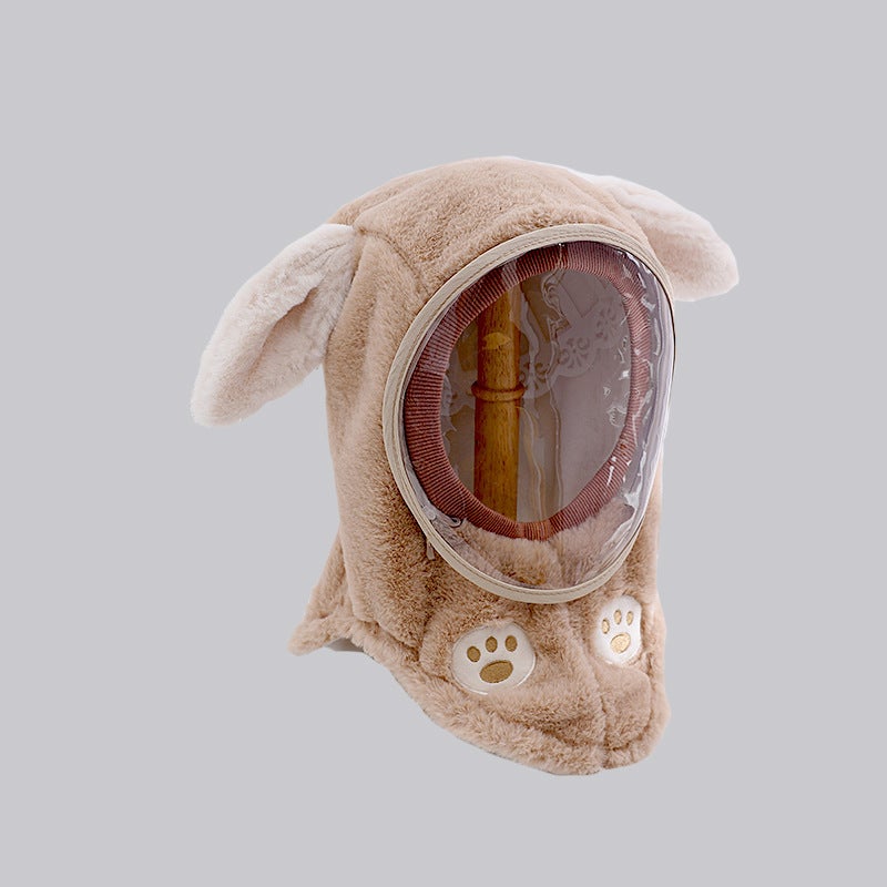 Kids Winter Warm Windproof Masked Beanie Set Khaki-Long Ears (Mask Removable) 