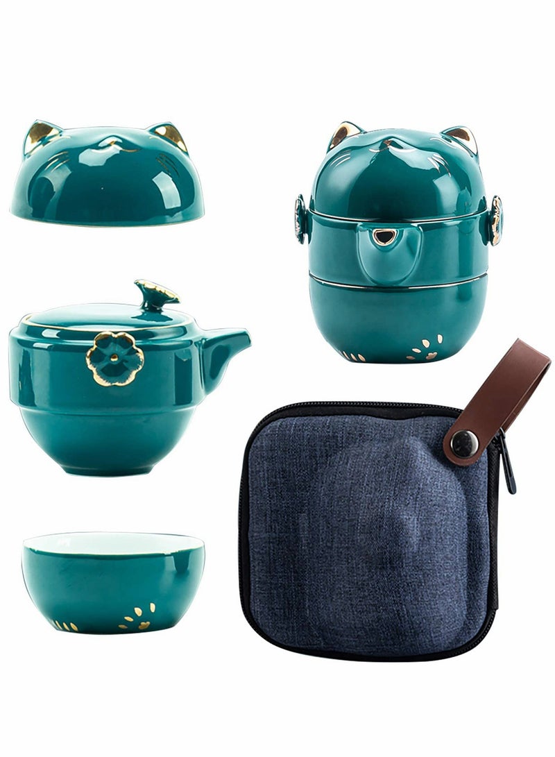 KASTWAVE Portable Ceramic Tea Cup Set: Lucky Cat Porcelain Teapot Set with Tea Strainer - Lids and 1 Shockproof Storage Case - Suitable for Travel - Outdoor Picnic - Office Work - Home - Image 1