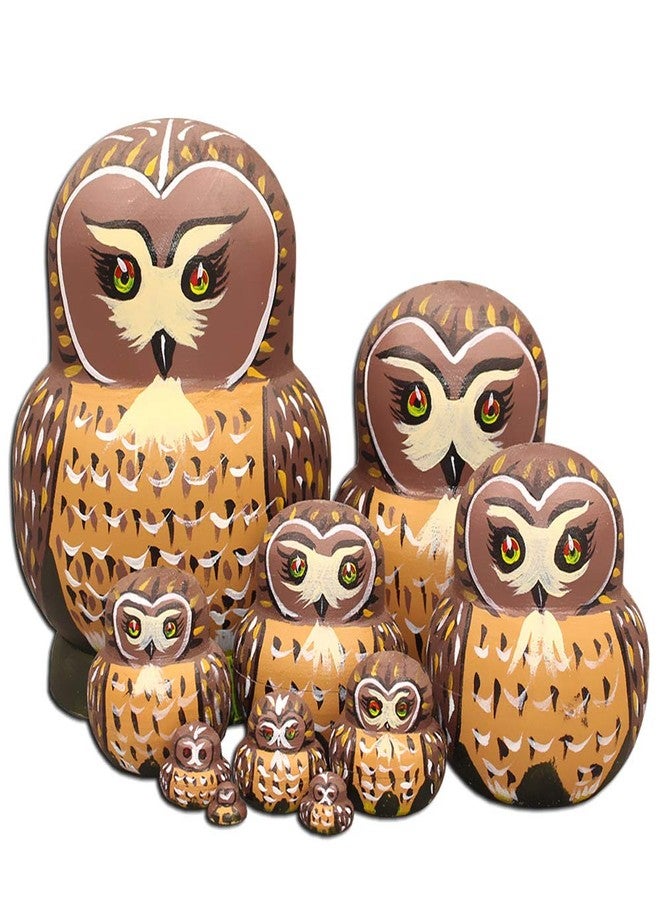 Moonmo 10pcs Brown Owl Handmade Wooden Russian Nesting Dolls Matryoshka Dolls Set - Image 3