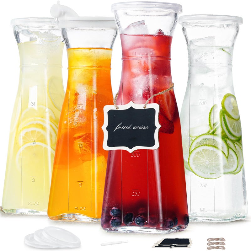 Ritayedet Glass Carafe 1 Liter Carafe for Mimosa Bar 4 Pcs Square Pitcher with Lid and Spout Drink Dispenser for Parties Cold Water Milk Juice Container Tea Wine Cocktails 6 Lids 1 Spout