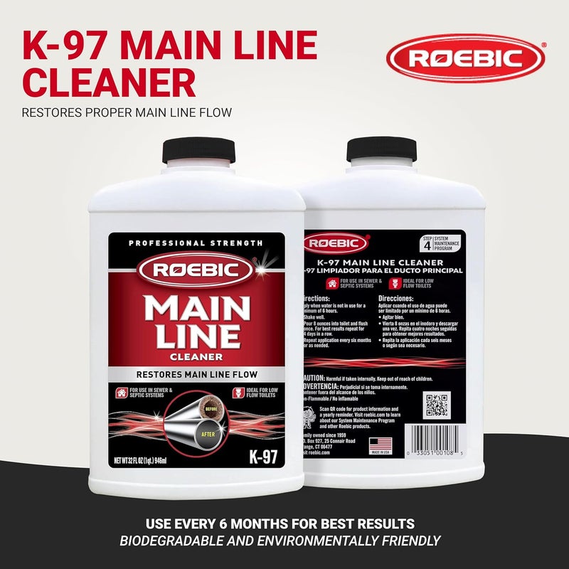 Roebic K-97 Liquid Main Line Cleaner with Bacteria Enzymes, Eliminates Organic Buildup in Sewer/Septic System and Protects from Clogs, Safe for Bathroom Toilet, 32 fl oz - Image 2