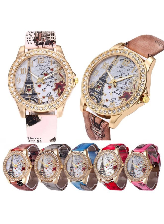 CdyBox Women Lady Eiffel Tower Pattern Leather Band Assorted Rhinestone Dress Watches (6 Pack) - Image 1