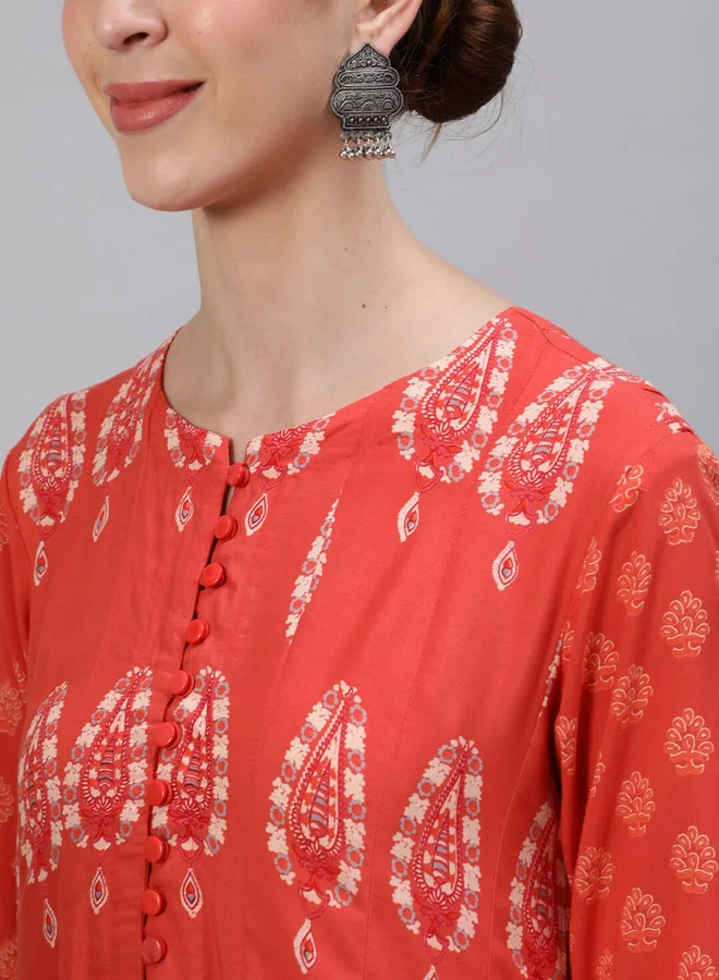 آي شين Women'S Peach 100% Cotton Self Design A-Line Kurta