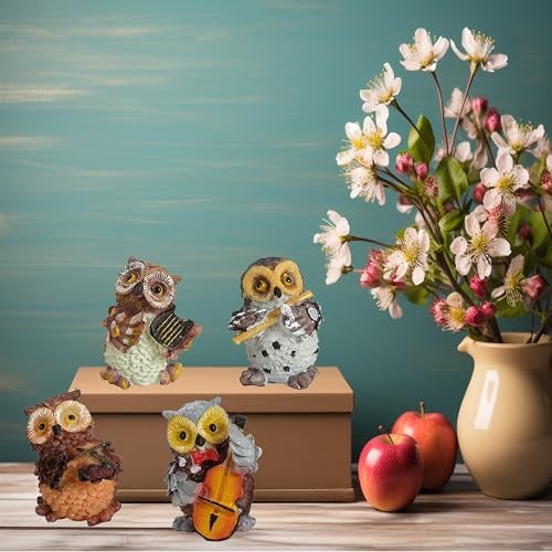 DEQUERA >Owl Showpiece/Figurines/Statues For Good Luck | Playing Musical Instruments For Home & Office Decor | Showpiece Decorative & Gifting Items (Set Of 4)(Style-2), Multicolor - Image 1