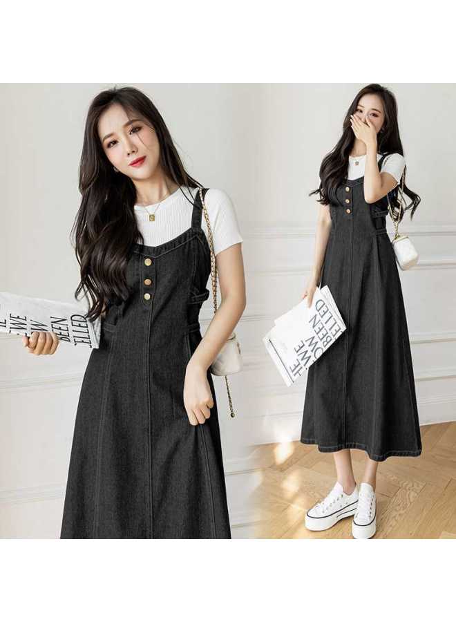 الفساتين الحبالية من الداكن الرفيع مع محسنة للخصر الطويلة الأوسط بالأناقة الفرنسية للنساء الصغيرات للربيع والصيف باللون الرمادي