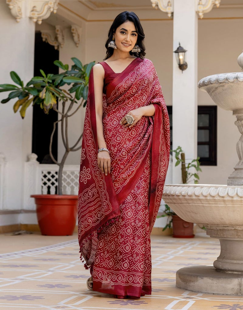 SIRIL Women's Cotton Printed Bandhani Saree with Unstitched Blouse Piece (4368S330_Dark Red) - Image 3