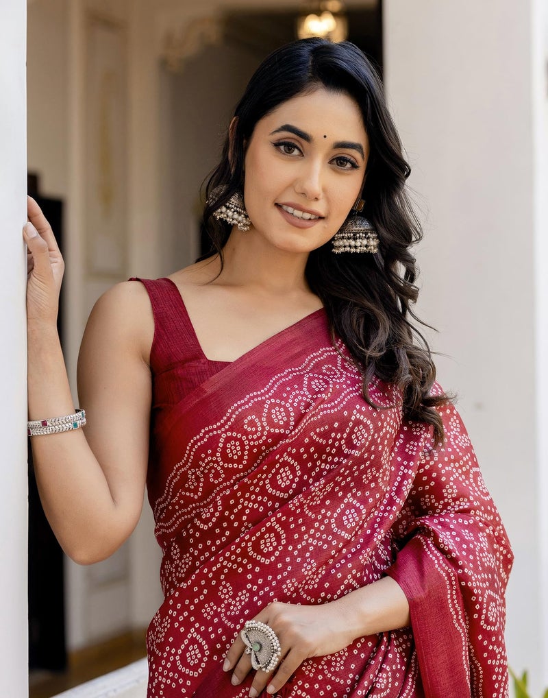 SIRIL Women's Cotton Printed Bandhani Saree with Unstitched Blouse Piece (4368S330_Dark Red) - Image 5