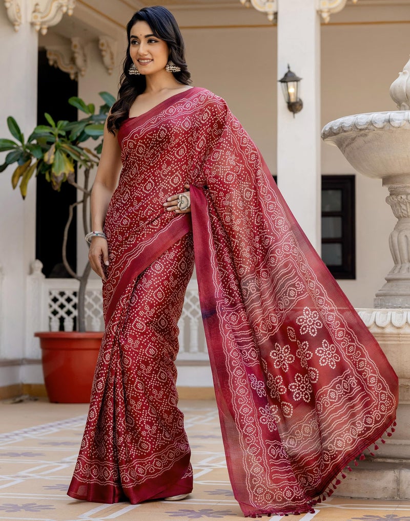 SIRIL Women's Cotton Printed Bandhani Saree with Unstitched Blouse Piece (4368S330_Dark Red) - Image 2