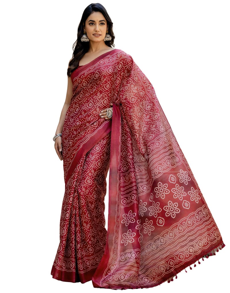 SIRIL Women's Cotton Printed Bandhani Saree with Unstitched Blouse Piece (4368S330_Dark Red) - Image 1