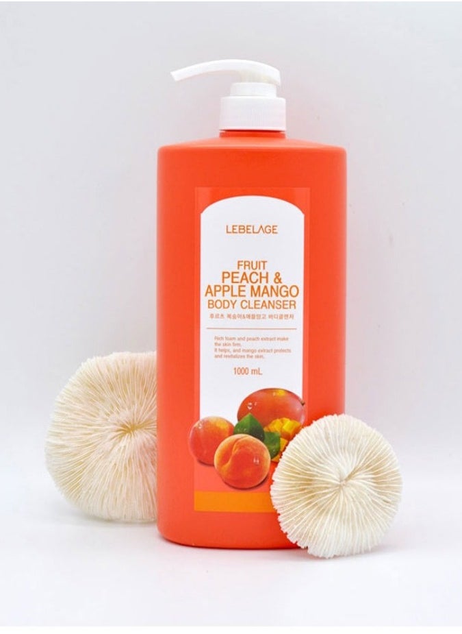 Lebelage Korean product LEBELAGE FRUIT PEACH & APPLE MANGO BODY CLEANSER Rich foam and peach extract make the skin firm. It helps, and mango extract protects and revitalizes the skin 1000ml  - Image 2