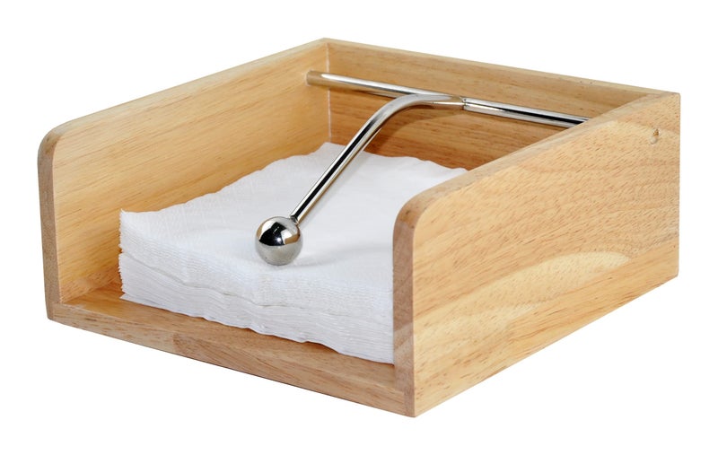 Spiretro Cocktail Paper Napkin Flat Holder Decorative Beverage Napkin Caddy with Sophisticatedly Metal Center Bar Solid Wood with Grain for Kitchen Dinging Countertop Rustic Natural Beige