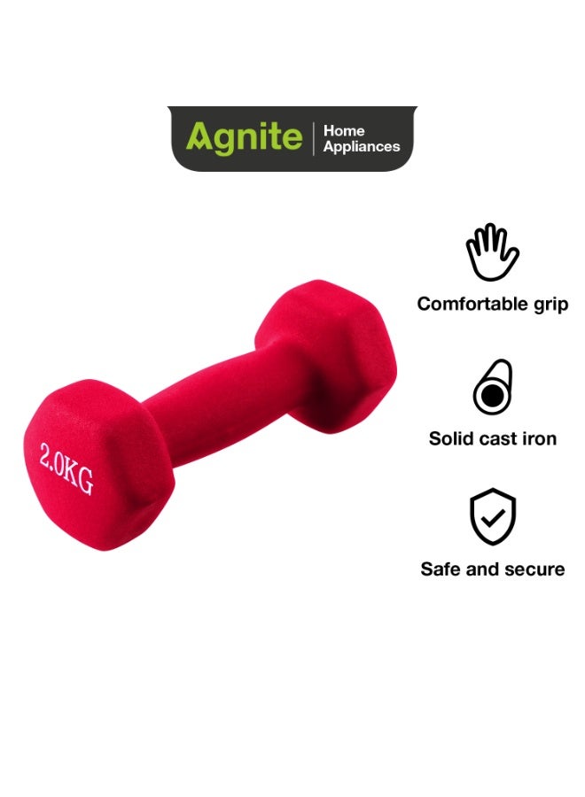 Agnite ER083 Neoprene Dumbbells 2Kg 1 piece, Solid Cast Iron Hand Weights With Non-Slip Grip, Hexagonal Design For Home Workouts, Strength Training & Fitness, Red Color.