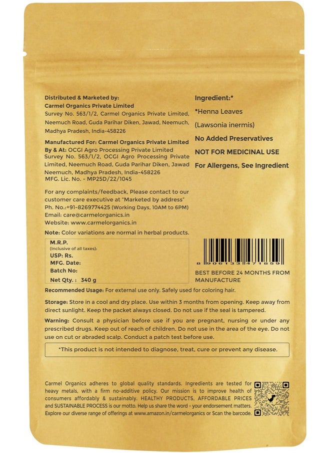 CARMEL ORGANICS - Henna Leaves Powder (340 Grams) For Hair Color| No Added Color & Preservatives | Marudhani Podi/Mardhani Podi/Mehandi | Lawsonia Inermis - Image 1
