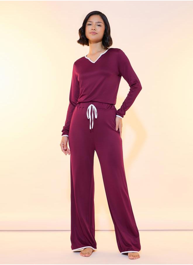 Take Two - Solid Contrast Edge Top & Pyjama Set - Image 1