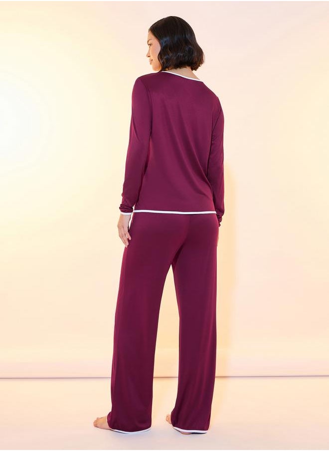 Take Two - Solid Contrast Edge Top & Pyjama Set - Image 1