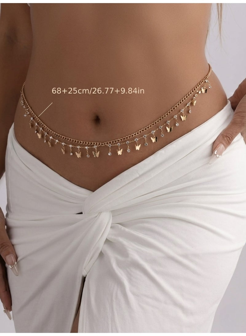 Aura Style Double Layer Butterfly Waist Chain for Women, Boho Rhinestone Belly Jewelry for Beach & Party, Gold Tone Alloy - Image 3