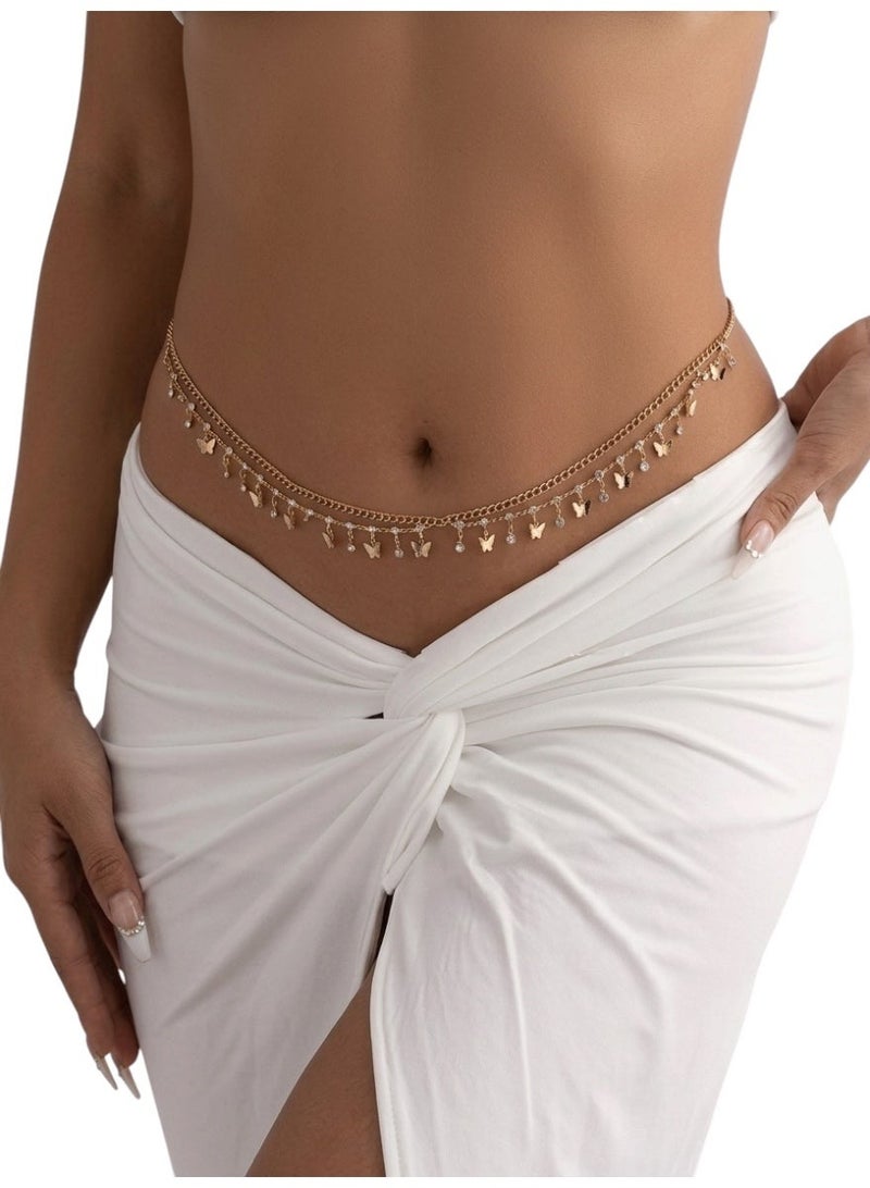 Aura Style Double Layer Butterfly Waist Chain for Women, Boho Rhinestone Belly Jewelry for Beach & Party, Gold Tone Alloy - Image 1