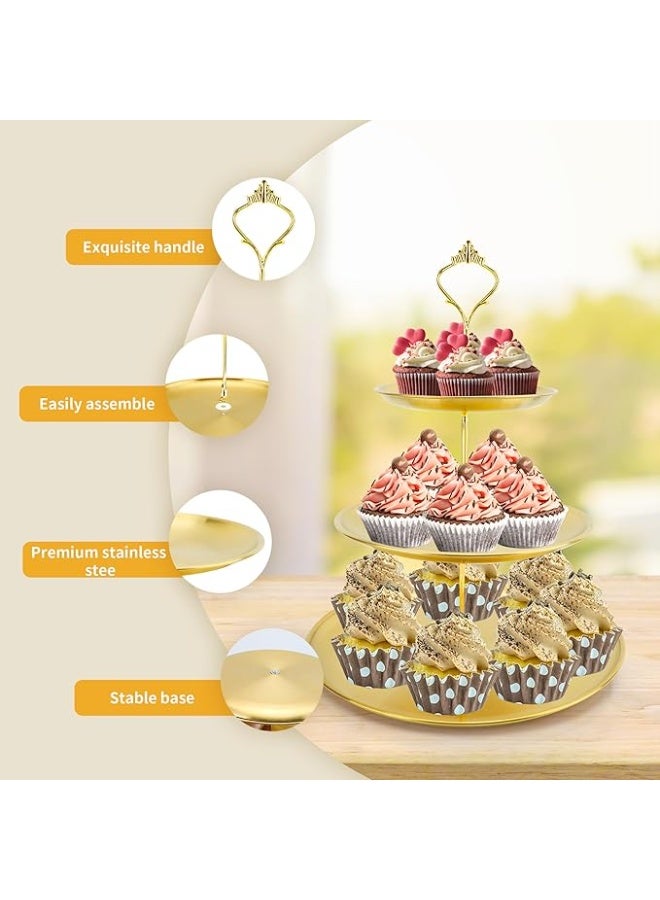 بتيمفم حامل كب كيك ذهبي بثلاث طبقات، صينية عرض حلويات من الفولاذ المقاوم للصدأ للمعجنات والحلوى والفواكه وحفلات الشاي بعد الظهر وحفلات الزفاف - Image 2