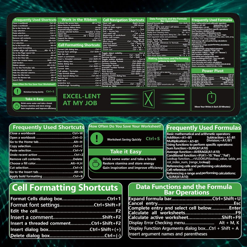 iCasso Excel Cheat Sheet Desk Pad, Excel Mouse Pad Shortcuts, Excell Short Cut Desk Mat, Extended Large XXL Non-Slip Exel Mousepad with Stitched Edges for Computer Keyboard - Image 3