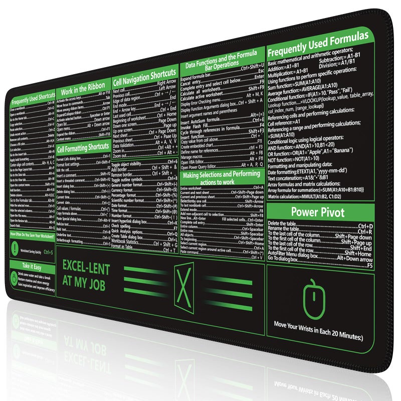 iCasso Excel Cheat Sheet Desk Pad, Excel Mouse Pad Shortcuts, Excell Short Cut Desk Mat, Extended Large XXL Non-Slip Exel Mousepad with Stitched Edges for Computer Keyboard - Image 1