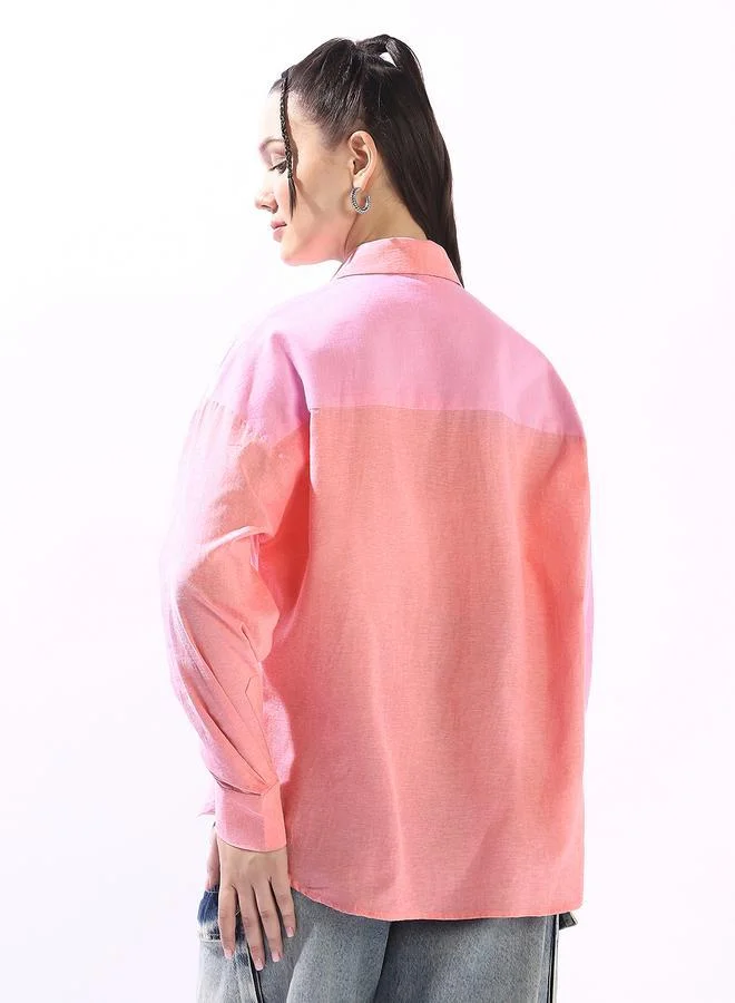 Hubberholme multicolour Women's Multicolour 100% Cotton Colour Blocked Button Down Oversized Shirt for Women | Best Price UAE