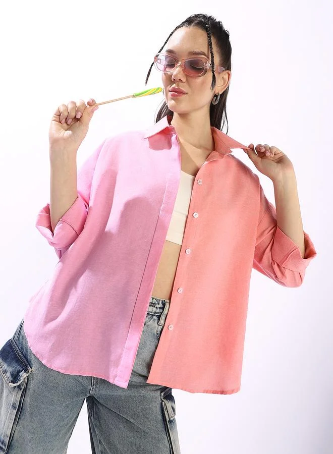 Hubberholme multicolour Women's Multicolour 100% Cotton Colour Blocked Button Down Oversized Shirt for Women | Best Price UAE