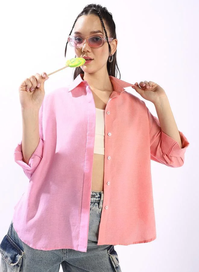 Hubberholme multicolour Women's Multicolour 100% Cotton Colour Blocked Button Down Oversized Shirt for Women | Best Price UAE