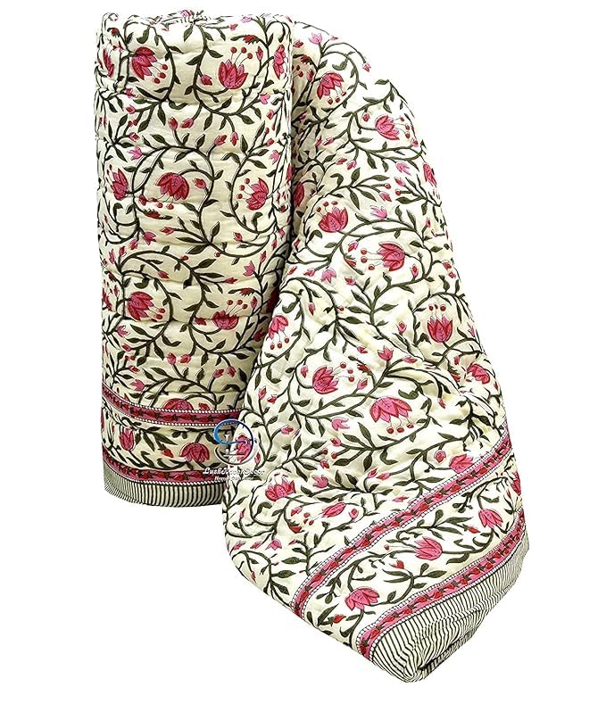 Jaipuri Razai Double Bed Cotton Quilt Razai Pure Cotton Double Bed Soft Jaipuri AC QuiltRazaiRajai Floral PrintJaipuri razai Double Bed for WinterPink Green 85 x 100 inch Double Bed - Image 1