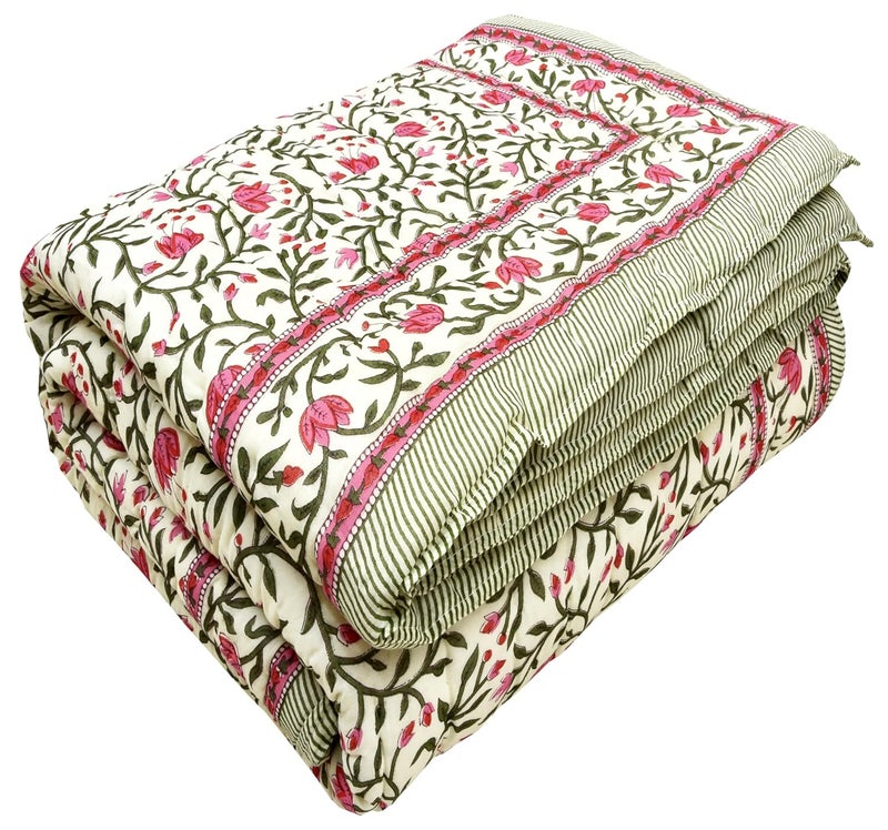 Jaipuri Razai Double Bed Cotton Quilt Razai Pure Cotton Double Bed Soft Jaipuri AC QuiltRazaiRajai Floral PrintJaipuri razai Double Bed for WinterPink Green 85 x 100 inch Double Bed - Image 2