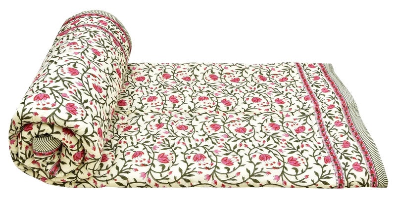 Jaipuri Razai Double Bed Cotton Quilt Razai Pure Cotton Double Bed Soft Jaipuri AC QuiltRazaiRajai Floral PrintJaipuri razai Double Bed for WinterPink Green 85 x 100 inch Double Bed - Image 3