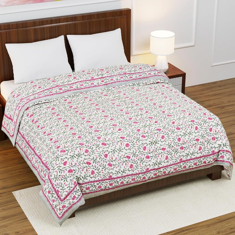 Jaipuri Razai Double Bed Cotton Quilt Razai Pure Cotton Double Bed Soft Jaipuri AC QuiltRazaiRajai Floral PrintJaipuri razai Double Bed for WinterPink Green 85 x 100 inch Double Bed - Image 4