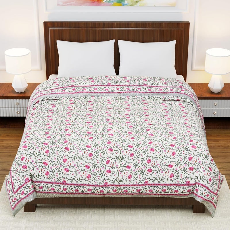 Jaipuri Razai Double Bed Cotton Quilt Razai Pure Cotton Double Bed Soft Jaipuri AC QuiltRazaiRajai Floral PrintJaipuri razai Double Bed for WinterPink Green 85 x 100 inch Double Bed - Image 5