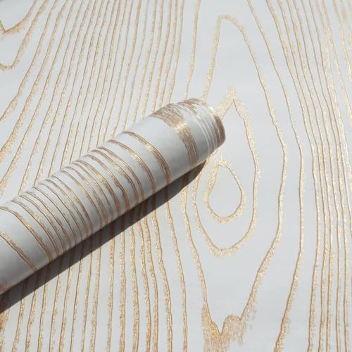FOKRIM Gold White Wooden Wallpaper for Walls (45x300) Sticker Wallpaper Peel and Stick Removable Self Adhesive Waterproof Wallpaper - Image 1