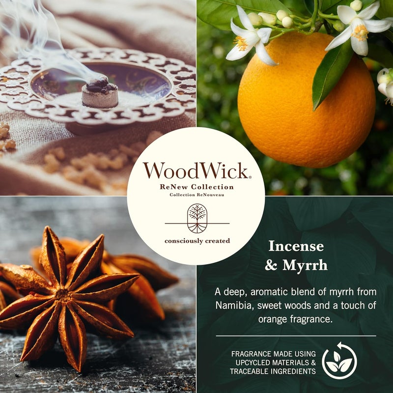 وودويك شمعة WoodWick Renew عطرية بفتيل متشقق | شمعة متوسطة الحجم بنكهة البخور والمر | مزيج من شمع الصويا وجوز الهند النباتي | مصنوعة من مواد معاد تدويرها | هدايا مثالية للنساء - Image 2