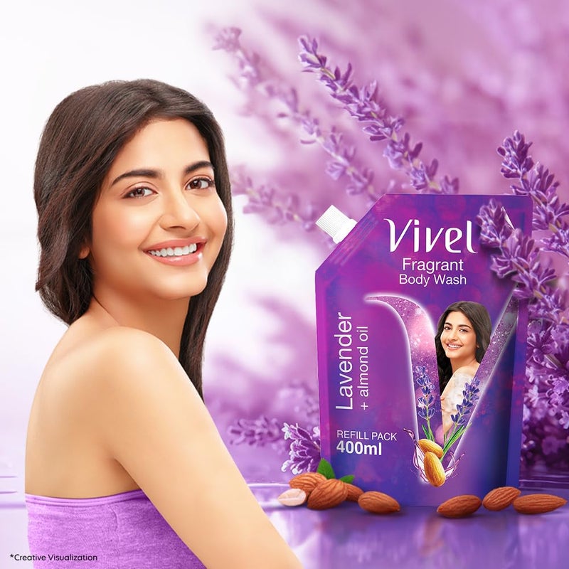 Vivel Fragrant Body Wash Lavender  Almond Oil Shower Gel 400 ml Supersaver Refill Pouch Moisturizing Bodywash Soft  Smooth Skin Effective Cleansing For Women  Men Pack of 2 - Image 2
