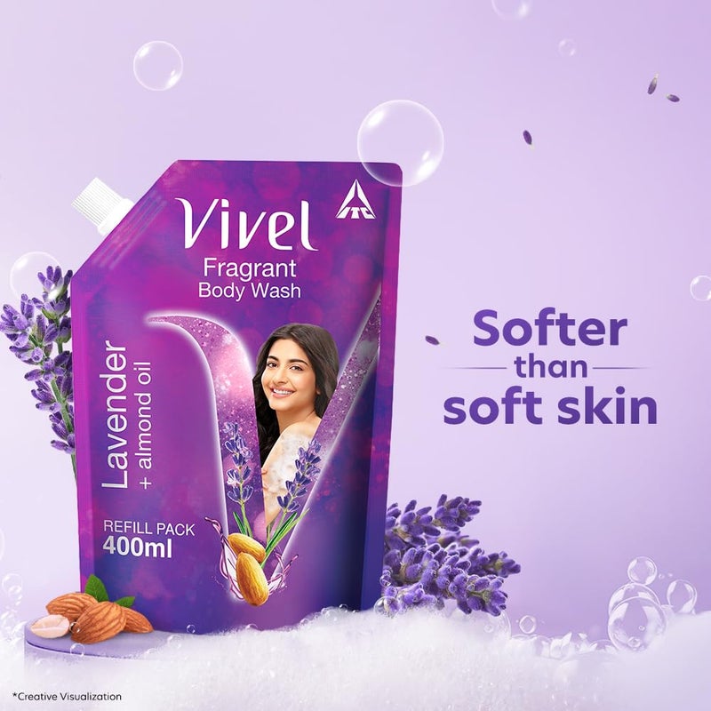 Vivel Fragrant Body Wash Lavender  Almond Oil Shower Gel 400 ml Supersaver Refill Pouch Moisturizing Bodywash Soft  Smooth Skin Effective Cleansing For Women  Men Pack of 2 - Image 4