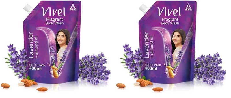Vivel Fragrant Body Wash Lavender  Almond Oil Shower Gel 400 ml Supersaver Refill Pouch Moisturizing Bodywash Soft  Smooth Skin Effective Cleansing For Women  Men Pack of 2 - Image 1