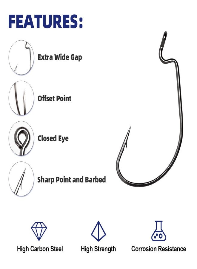UCEC Fishing Hooks, 100pcs EWG Offset Worm Hooks Bass Hooks Wide Gap 2X Strong Senko Bait Texas Rig Jig Fish Hooks for Bass Trout Saltwater Freshwater Size:#1 1/0 2/0 3/0 4/0 5/0 - Image 3