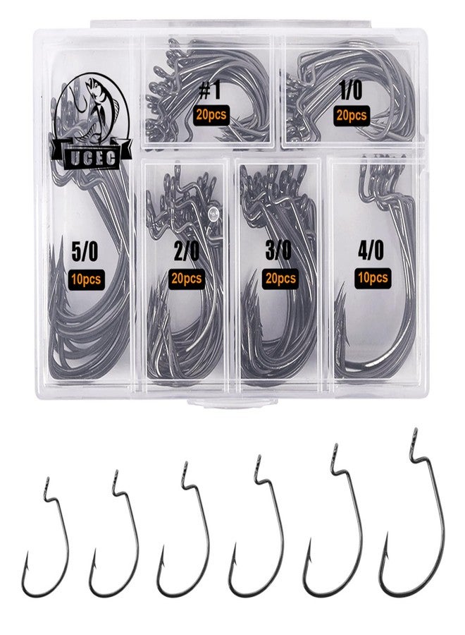 UCEC Fishing Hooks, 100pcs EWG Offset Worm Hooks Bass Hooks Wide Gap 2X Strong Senko Bait Texas Rig Jig Fish Hooks for Bass Trout Saltwater Freshwater Size:#1 1/0 2/0 3/0 4/0 5/0 - Image 1